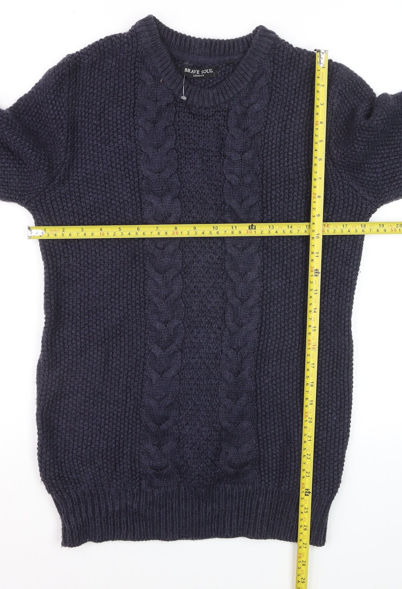 Brave Soul Men’s Blue Cable-Knit Crew Neck Jumper Size L