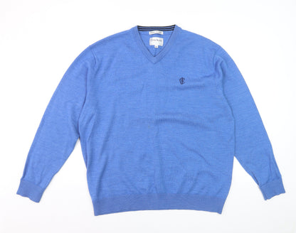 Crockett & Jones Men's Blue Wool Blend V-Neck Jumper XL