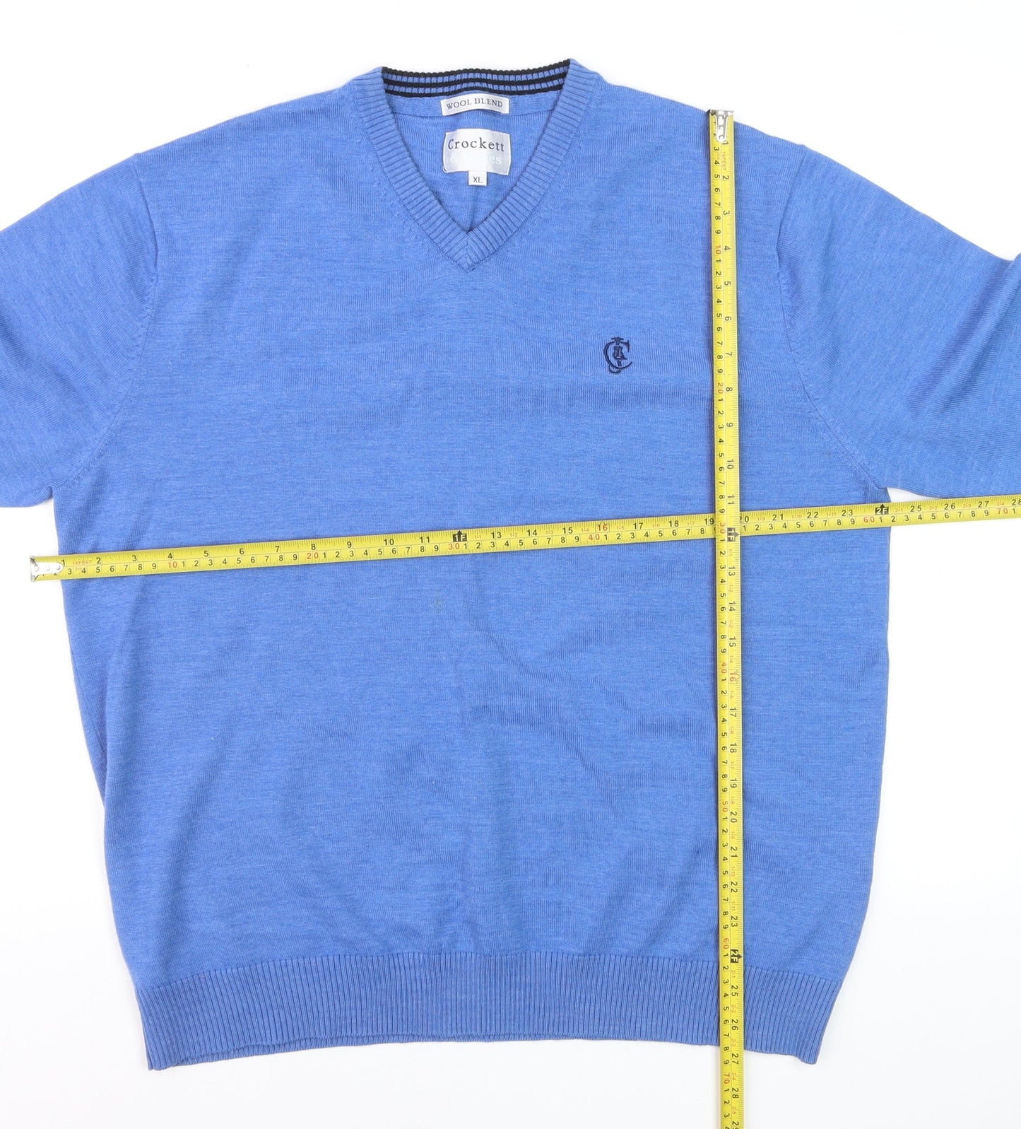 Crockett & Jones Men's Blue Wool Blend V-Neck Jumper XL