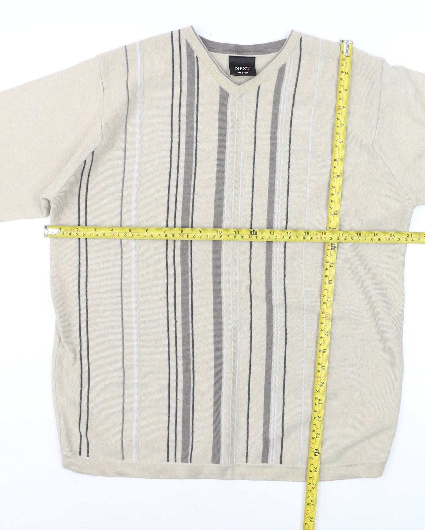 Next Men Beige Striped V-Neck Wool Blend Jumper Medium