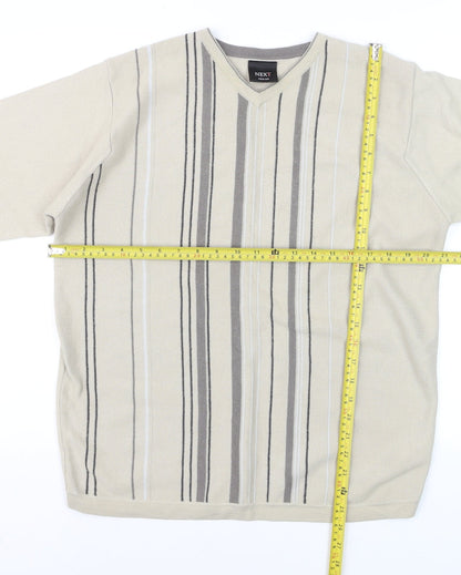 Next Men Beige Striped V-Neck Wool Blend Jumper Medium