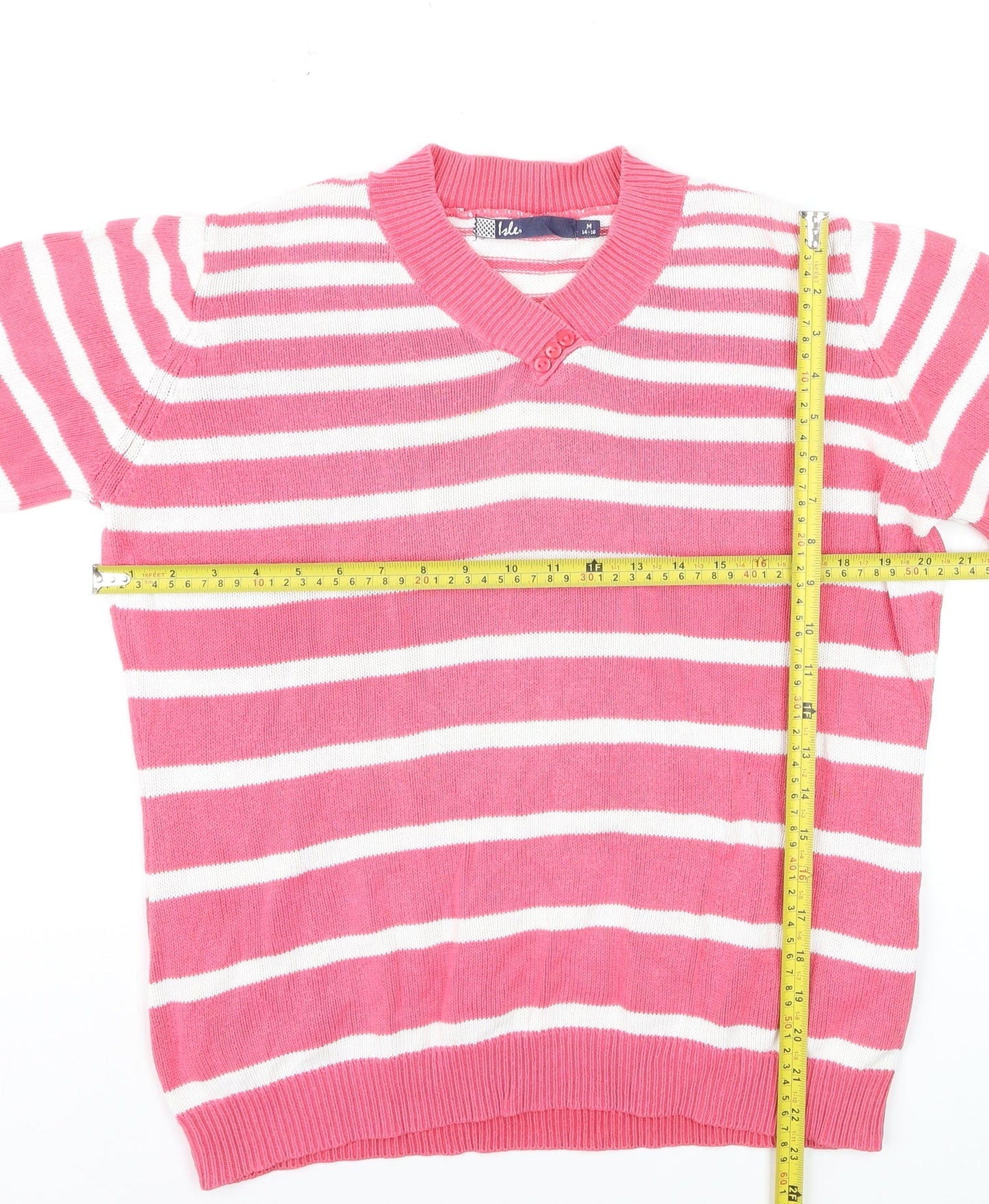 Isle Womens Pink White Striped V-Neck Long Sleeve Jumper Size 14