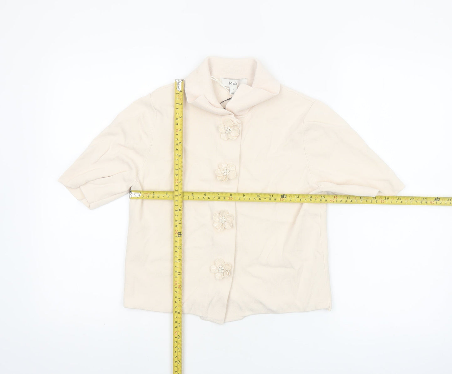 Marks and Spencer Women Beige Collared Short Sleeve Knit Blouse S