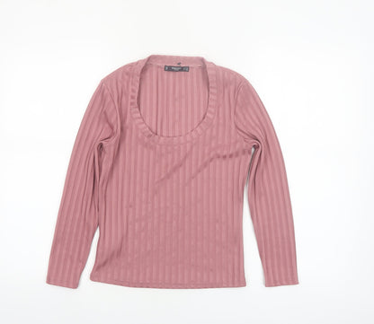 Mango Women Pink XS Ribbed Stretch Long Sleeve Scoop Neck Top