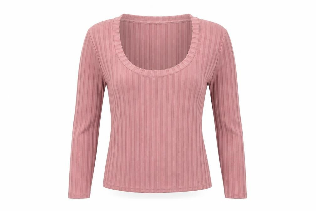 Mango Women Pink XS Ribbed Stretch Long Sleeve Scoop Neck Top