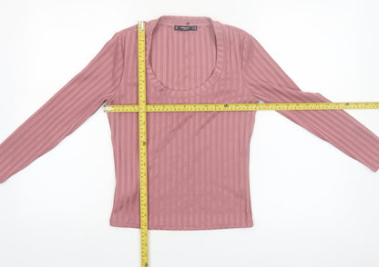 Mango Women Pink XS Ribbed Stretch Long Sleeve Scoop Neck Top