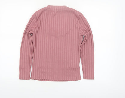 Mango Women Pink XS Ribbed Stretch Long Sleeve Scoop Neck Top