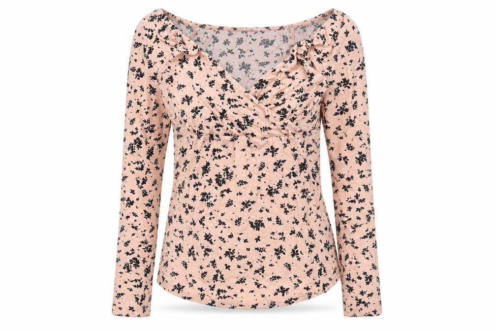 Front view of New Look Maternity Beige Floral Wrap Long Sleeve Top UK 8