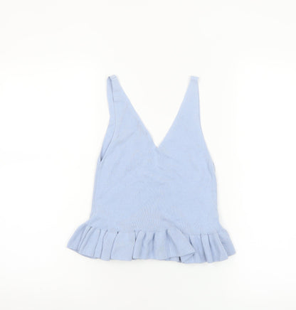 Topshop Women Blue V-Neck Ruffle Hem Knit Camisole Tank Top Size 6