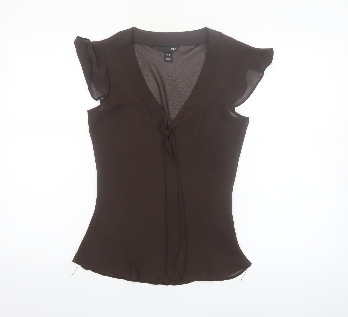 H&M Women Brown Chiffon Wrap V-Neck Flutter Sleeve Blouse Size 10
