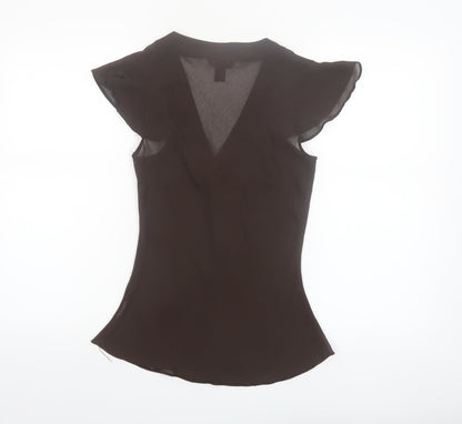 H&M Women Brown Chiffon Wrap V-Neck Flutter Sleeve Blouse Size 10