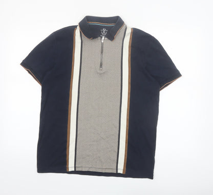 Next Men's Blue Retro Zip Cotton Polo Shirt Size M