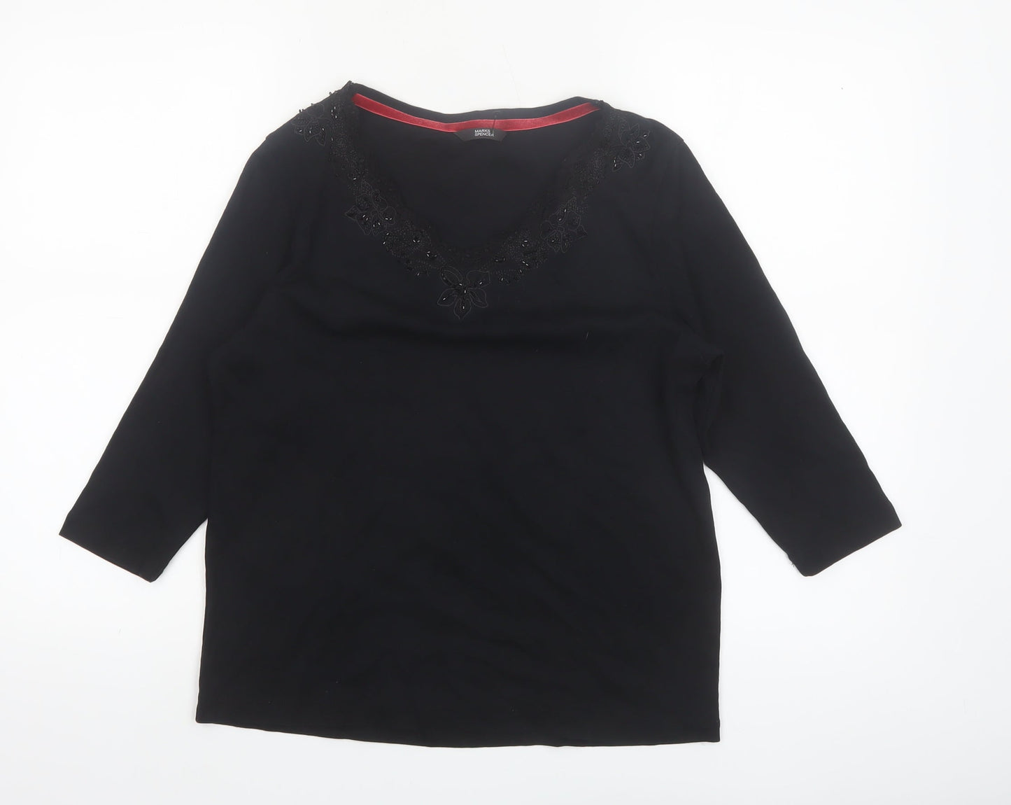 Marks and Spencer Women’s Black Cotton Beaded V-Neck 3/4 Sleeve Blouse UK 14