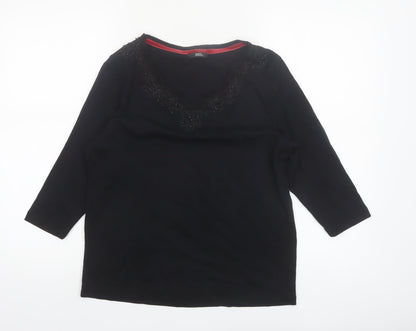 Marks and Spencer Women’s Black Cotton Beaded V-Neck 3/4 Sleeve Blouse UK 14
