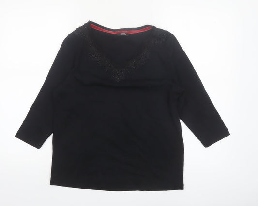 Marks and Spencer Women’s Black Cotton Beaded V-Neck 3/4 Sleeve Blouse UK 14