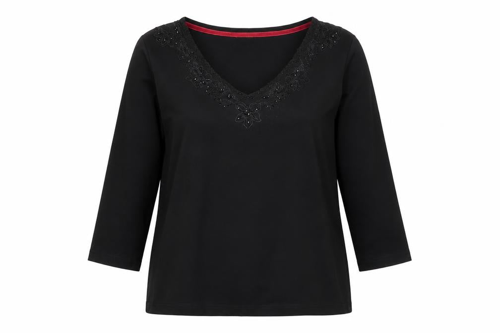 Marks & Spencer Women’s Black Cotton Beaded V-Neck 3/4 Sleeve Blouse UK 14