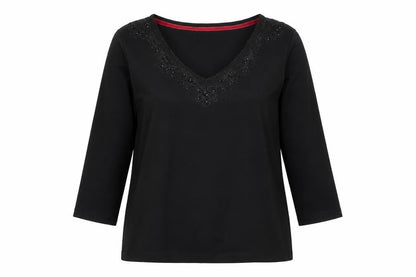 Marks & Spencer Women’s Black Cotton Beaded V-Neck 3/4 Sleeve Blouse UK 14