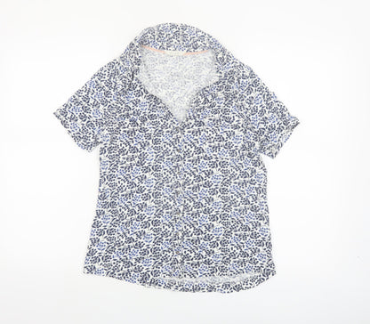 White Stuff Women Blue Floral Cotton Short Sleeve Button-Up Shirt Size 10