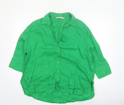 Zara Women Green Linen Collared 3/4 Sleeve Blouse Size L