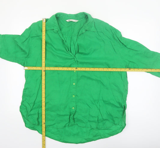 Zara Women Green Linen Collared 3/4 Sleeve Blouse Size L
