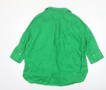 Zara Women Green Linen Collared 3/4 Sleeve Blouse Size L