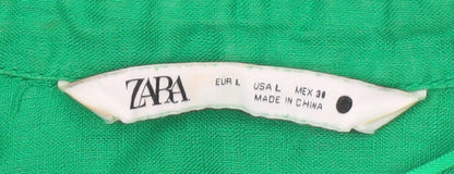 Zara Women Green Linen Collared 3/4 Sleeve Blouse Size L