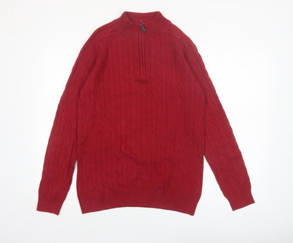 Hudson North Men's Red Cotton Cable-Knit Half Zip Jumper M