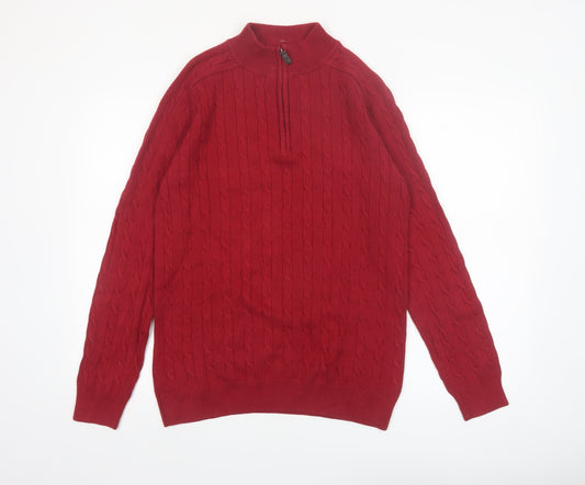 Hudson North Men's Red Cotton Cable-Knit Half Zip Jumper M