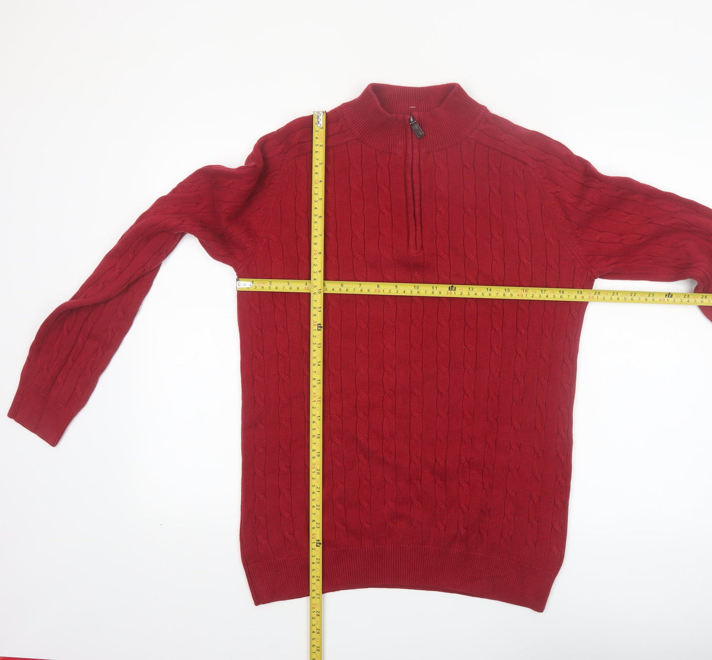 Hudson North Men's Red Cotton Cable-Knit Half Zip Jumper M