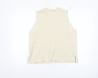 Marks and Spencer Women Beige Cotton Blend Sleeveless V-Neck Button Blouse L