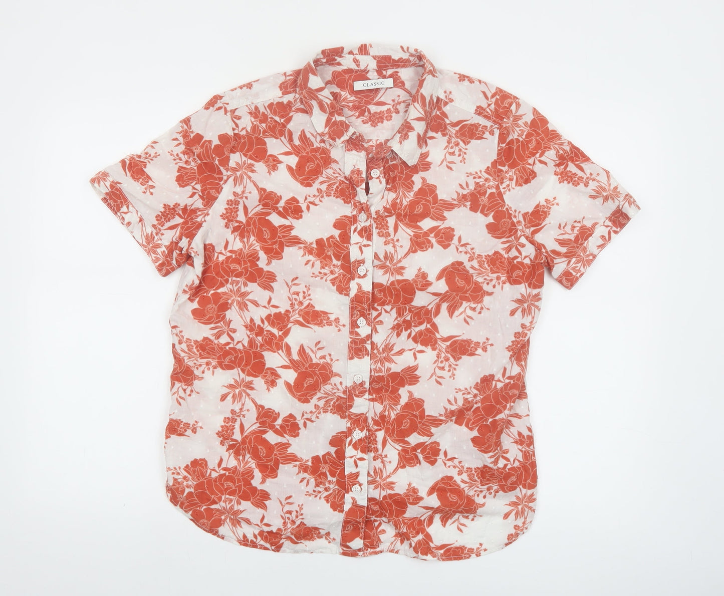 Marks and Spencer Women's Orange Floral Short Sleeve Cotton Button-Up Shirt UK 14