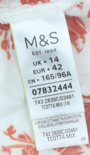 Marks and Spencer Women's Orange Floral Short Sleeve Cotton Button-Up Shirt UK 14
