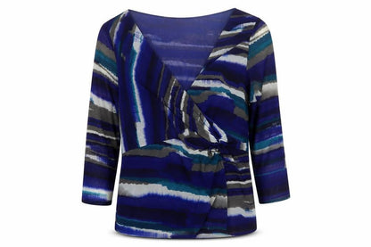 Coast Women's Blue Stripe Wrap Blouse Size 18 V-Neck 3/4 Sleeve