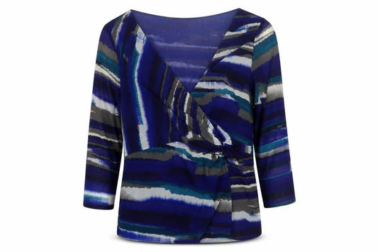 Coast Women's Blue Stripe Wrap Blouse Size 18 V-Neck 3/4 Sleeve