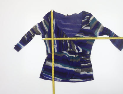 Coast Women's Blue Stripe Wrap Blouse Size 18 V-Neck 3/4 Sleeve