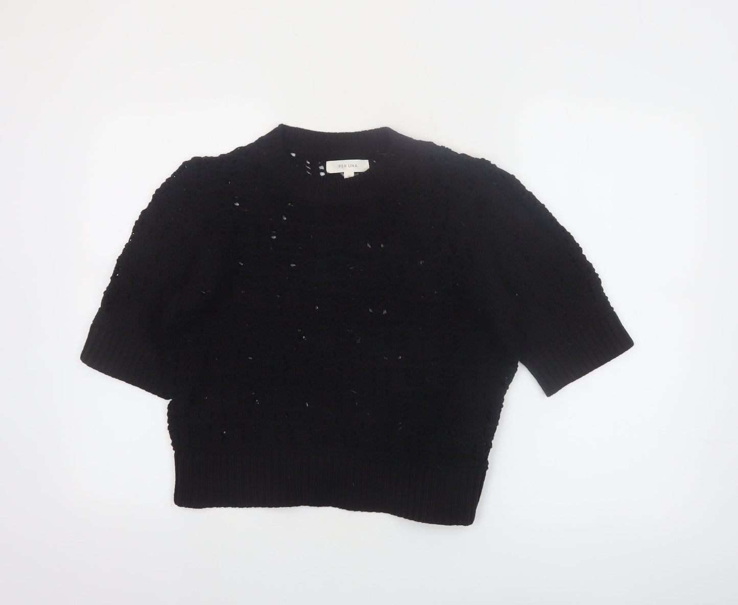 Marks and Spencer Per Una Women's Black Crochet Cotton Short Sleeve Jumper M