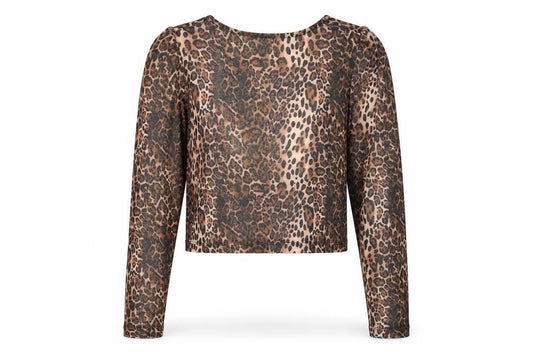 Front view of ASOS DESIGN Women’s Brown Leopard Print Mesh Cropped Long Sleeve Top M