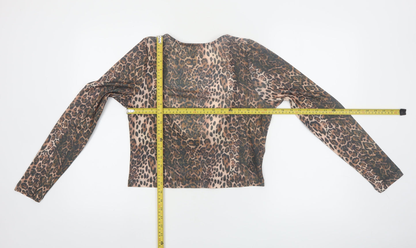 ASOS DESIGN Women’s Brown Leopard Print Mesh Cropped Long Sleeve Top M