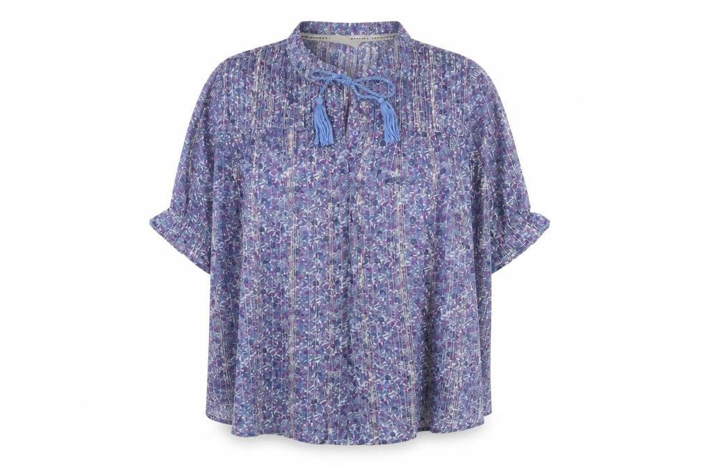 Autonomy Women’s Blue Floral Chiffon Pleated Tassel Boho Blouse Size L