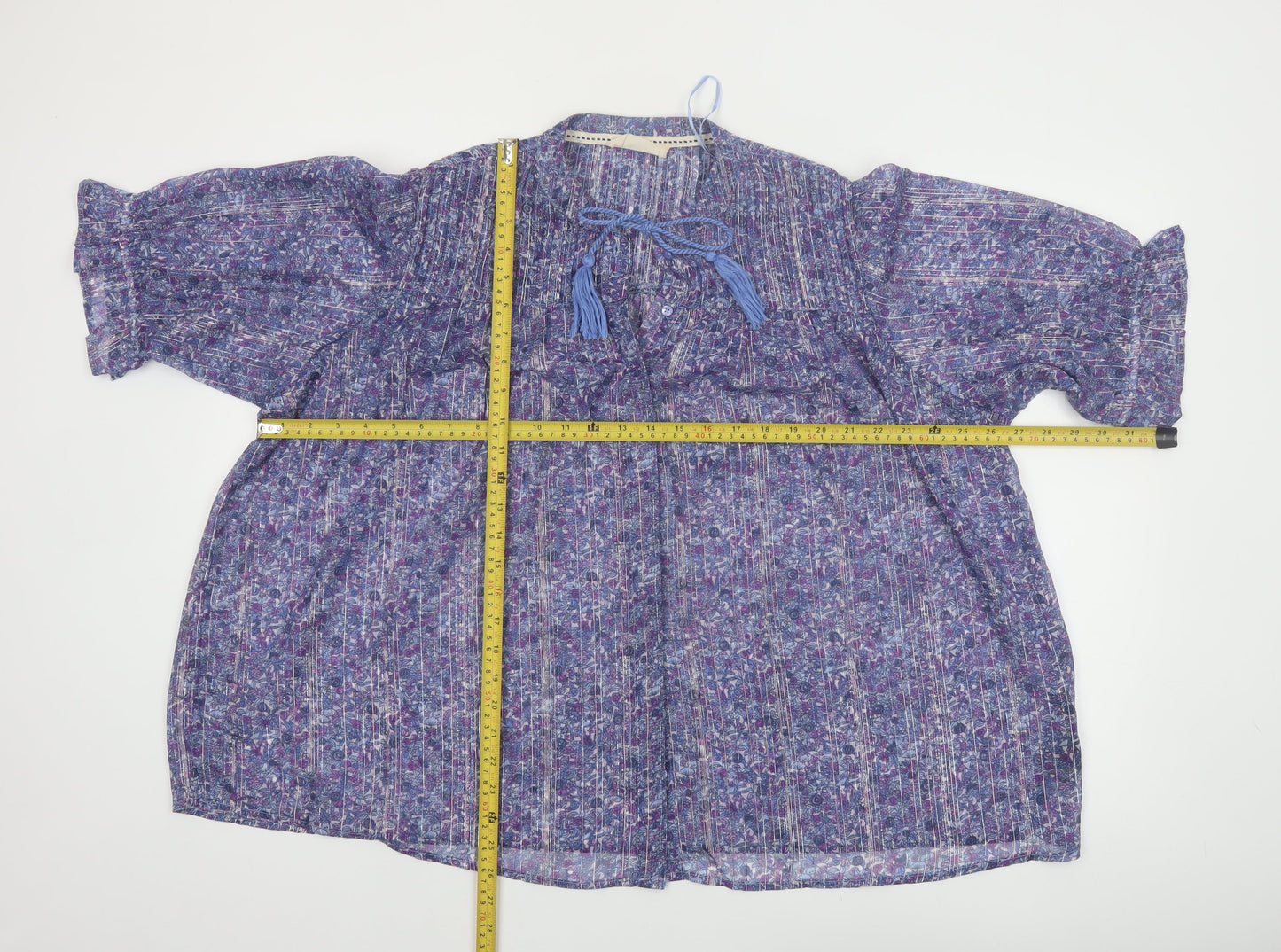 Autonomy Women’s Blue Floral Chiffon Pleated Tassel Boho Blouse Size L