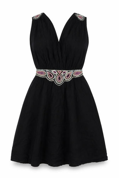 French Connection Women's Black Beaded A-Line Party Dress Size 8