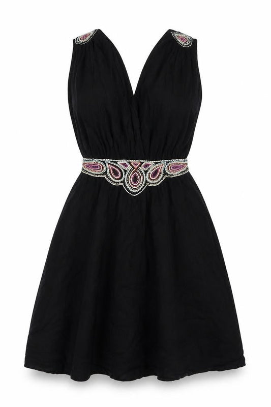 Front view of French Connection Women's Black Beaded A-Line Party Dress, size 8