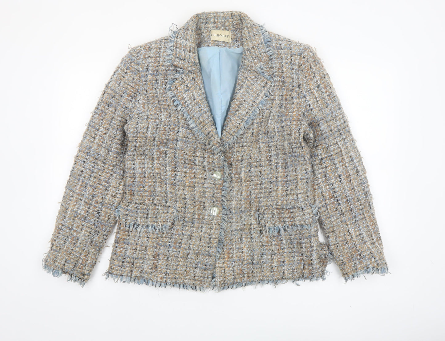Chianti Women's Beige Blue Tweed Single-Breasted Blazer Size 14