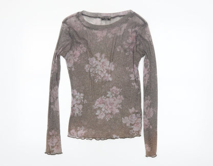 Ivory Love Women's Brown Floral Sheer Mesh Long Sleeve T-Shirt Size M