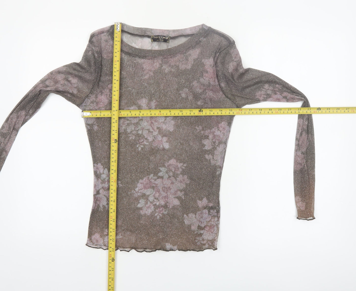 Ivory Love Women's Brown Floral Sheer Mesh Long Sleeve T-Shirt Size M