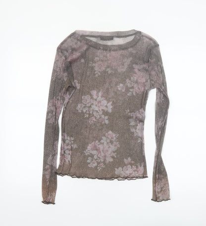 Ivory Love Women's Brown Floral Sheer Mesh Long Sleeve T-Shirt Size M