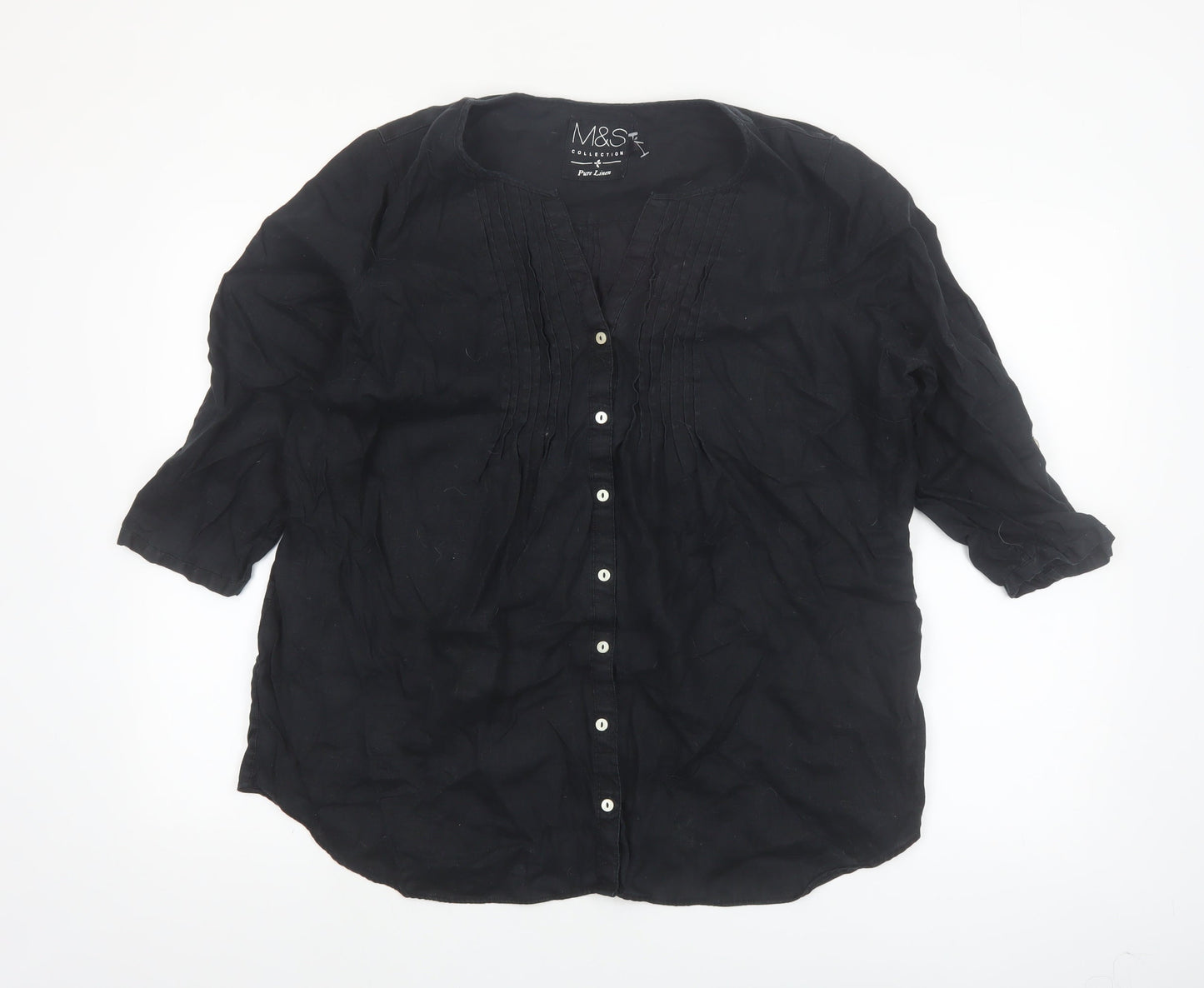 Marks and Spencer Women's Black Linen 3/4 Sleeve Button Blouse Size 18