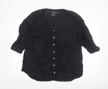 Marks and Spencer Women's Black Linen 3/4 Sleeve Button Blouse Size 18