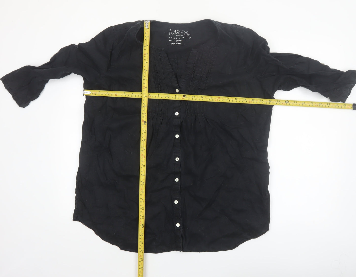 Marks and Spencer Women's Black Linen 3/4 Sleeve Button Blouse Size 18