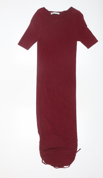 Zara Women Red Midi Bodycon Ruched Knit Dress Size M